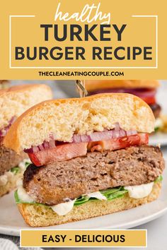 healthy turkey burger recipe on a plate with text overlay