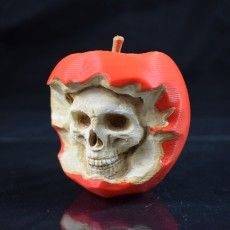 an apple with a carved skull inside of it