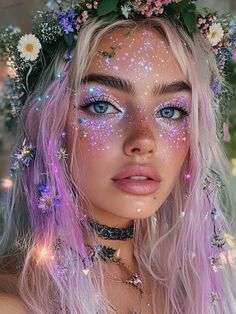 Unicorn Face Makeup Halloween, Pink Fairy Makeup Looks Halloween, Fairy Halloween Makeup Glitter, Fairy Garden Makeup Ideas, Fairy Halloween Costume Makeup, Fairy Sfx Makeup, Glittery Halloween Makeup, Fairy Make Up Halloween, Fairy Rave Makeup