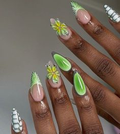 Green Fake Nails, Uni Nails, Nails Vibrant, Nails Fresh, Nail Party, Flowers Nails, Nail Appointment, Nail Goals, Brown Acrylic