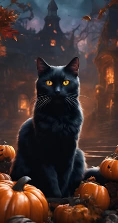 a black cat sitting on top of a pile of pumpkins