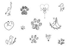 several drawings of dogs and hearts on a white background