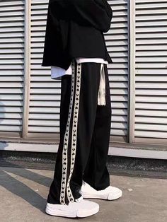 Black Preppy Collar  Polyester Colorblock Wide Leg Embellished Non-Stretch  Men Bottoms Hip Hop Pants, Side Pants, Casual Pants Style, Denim Suit, Double Tape, Mini Robes, Men Pants, Hot Jeans, Loose Outfit