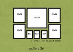 a green wall with four square frames on it and the measurements for each piece in front