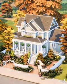 this is an artist's rendering of a house in the country side with trees and flowers