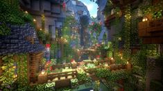 an image of a very nice looking area with plants and flowers on the walls in minecraft