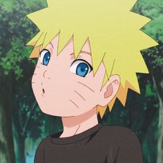 an anime character with blue eyes and blonde hair looking at something in front of him