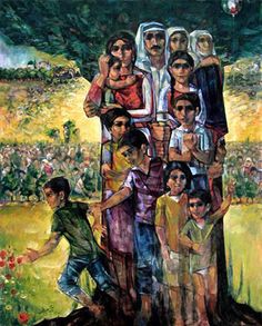 a painting of people standing in front of a tree with many other people around it