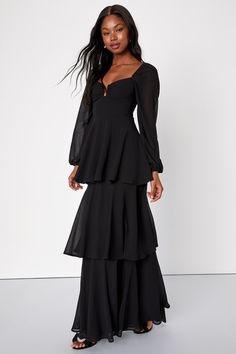 Wedding Guest Dress Long Sleeve, Long Sleeve Wedding Guest Dress, Chiffon Long Sleeve Maxi Dress, Black Wedding Guest Dresses, Black Tie Wedding Guest Dress, Pretty Black Dresses, Long Sleeve Bridesmaid Dress, Black Tie Wedding Guests, Gathered Bodice