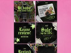 four flyers for a new year's evene party with neon green and black colors