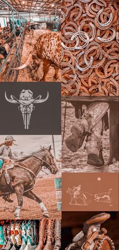 a collage of photos with cowboy images and horseshoes in the foreground, an image of a man riding a horse