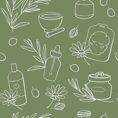 hand drawn skin care products and herbs on a green background seamless pattern stock photo