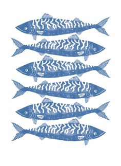 five blue and white fish lined up in a row on top of eachother