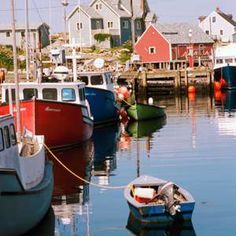 several boats are docked in the water near houses