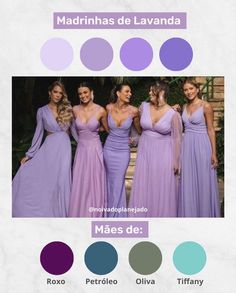 the bridesmaids are wearing purple dresses and posing for a photo with their names in spanish