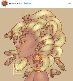 a drawing of a woman with snakes around her neck and ear rings on her head