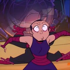 an animated image of a woman in purple and black clothes with her arms spread out