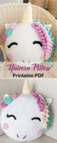 the crocheted unicorn pillow is made with yarn and has a pink mane on it