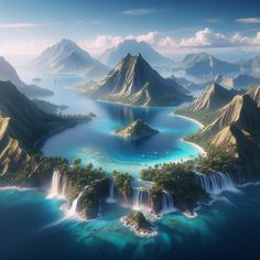 an island in the middle of some water surrounded by mountains and lakes with waterfalls on them