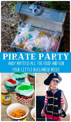 a pirate party with cupcakes, cookies and other treats in the shape of an old chest