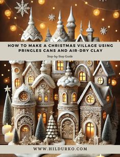 a christmas village made out of clay and lit up with lights, snowflakes and stars