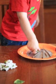 a young boy is playing with a paper plate