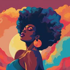 a painting of a woman with an afro hairstyle in front of the sun and clouds