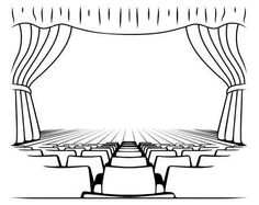 an empty stage with curtains and rows of seats in front of the stage, black and white