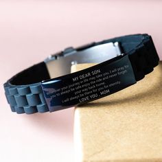 Meaningful black engraved stainless steel bracelet for Son . This is a special gift for Son , who can take it wherever they go. This lovely message-engraved bracelet is perfect for husbands, sons, or boyfriends. Durable and fashionable, this makes for the perfect fashion accessory. Product Features - Handmade Engraved Bracelet for Son . - It's an ideal gift idea for many occasions, such as Valentine's Day, Fathers' Day, Thanksgiving, Christmas, birthdays, or anniversaries. - This bracelet measur Dad Bracelet, Bonus Daughter, Graduation Bracelet, Bracelet Inspiration, Bracelet Initial, Bracelet Couple, Bracelet Christmas, Birthday Bracelet, Moon Gifts