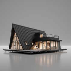 a house that is made out of wood and glass with the roof folded over it