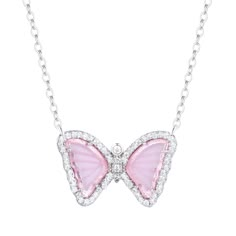 A new take on our best-selling butterfly necklace! Now available in this beautiful light pink simulated morganite. Butterflies represent hope and transformation. Simulated morganite (pink glass) Crystal pave Gold-plated, 925 sterling silver Adjustable slider chain up to 18" Dimensions: 18x12mm Pink And Silver Necklace, Pink Butterfly Necklace, Coquette Closet, Tina Kunakey, Mini Butterfly, Doll Closet, Gold Glasses, Professional Jewelry, Pink Jewelry