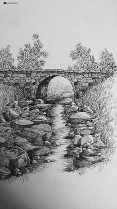 a drawing of a stone bridge over a stream