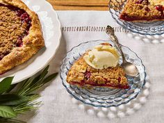 two plates with slices of pie and ice cream sitting on top of each other next to a serving dish