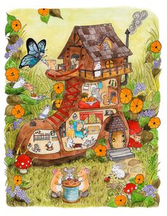 a drawing of a house with animals and flowers around it, surrounded by butterflies on the grass