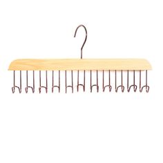 a wooden hanger with metal clips on it