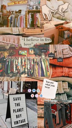 there are many different pictures with words on the same page, including clothes and signs