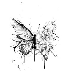 a black and white drawing of a butterfly with flowers on it's back wing