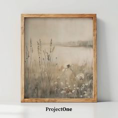 an image of a painting in a frame on the wall above a shelf with a white background