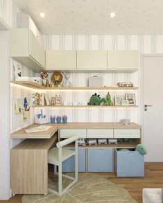 a home office with desk, shelves and storage containers on the wall above it is decorated in pastel colors