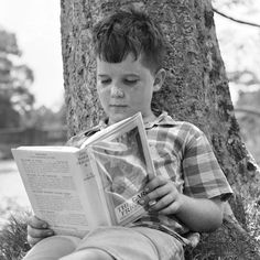 a young boy sitting under a tree reading a book