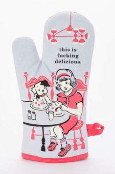 a oven mitt with an image of a woman and child sitting at a table