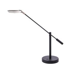 a black table lamp with a white shade on it's arm and a metal base