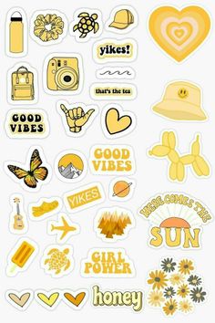 various stickers are shown in yellow and white, with the words good vibes written on