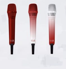 three microphones with different colors and designs on them, one is red the other is white