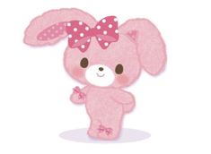 a cute pink bunny with a bow on its head and ears, standing in front of a white background