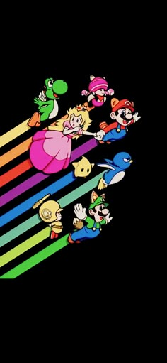 an image of mario and friends running on the rainbow stripes wallpapers in this video game