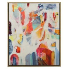 an abstract painting with various colors and shapes in a gold frame on a white wall