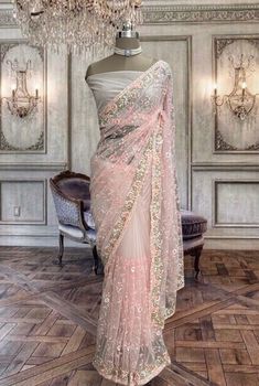 Beautiful peachish pink net saree with thread and sequins work and running blouse piece New Sarees 2024, Pink Net Saree, Net Saree Blouse, Desi Fits, Indian Wedding Gowns, Simple Saree Designs, Indian Sari Dress, 50th Bday, Prom Inspo