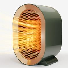 a heater that is sitting on top of a metal stand with light coming from it