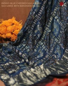 Aegean Blue Banarasi Ajrakh Silk Handloom Saree with Bandhani Pallu. Aegean Blue, Handloom Saree, Silk Sarees